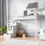 Bett mit Dach, Fenster und Treppe